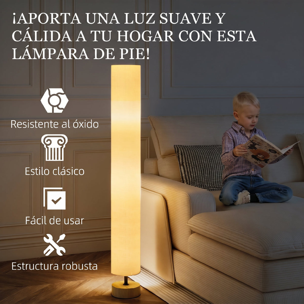 Lámpara de pie de lino beige con 2 luces E27, vista 6