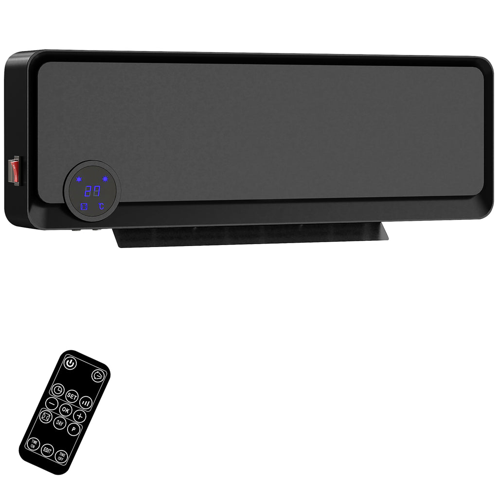 Calefactor cerámico de pared negro con pantalla LED y mando sobre fondo blanco