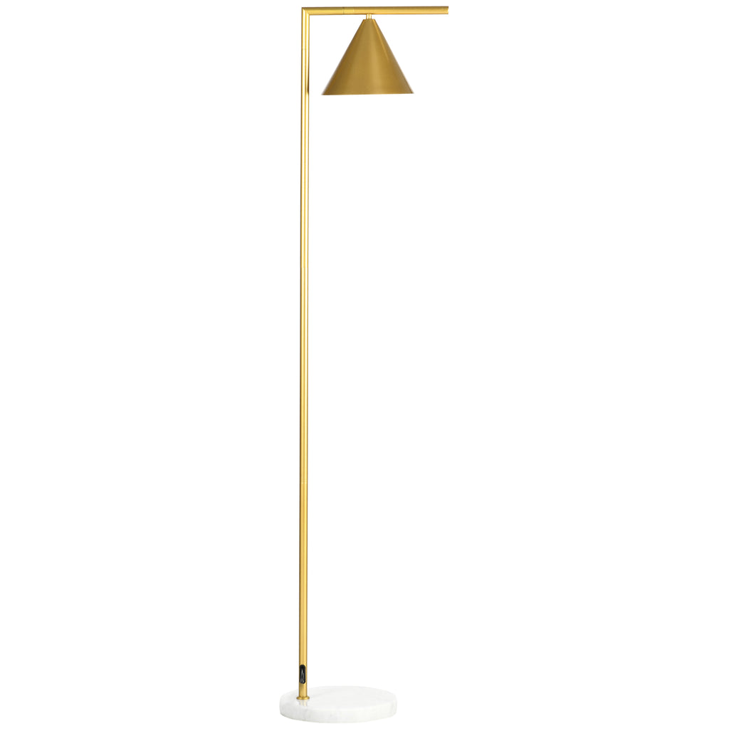 Lámpara de pie dorada con pantalla cónica orientable y base de mármol blanco, vista frontal sobre fondo blanco