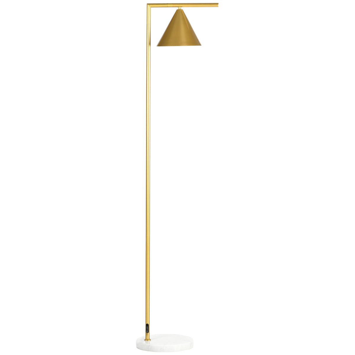 Lámpara de pie dorada con pantalla cónica orientable y base de mármol blanco, vista frontal sobre fondo blanco