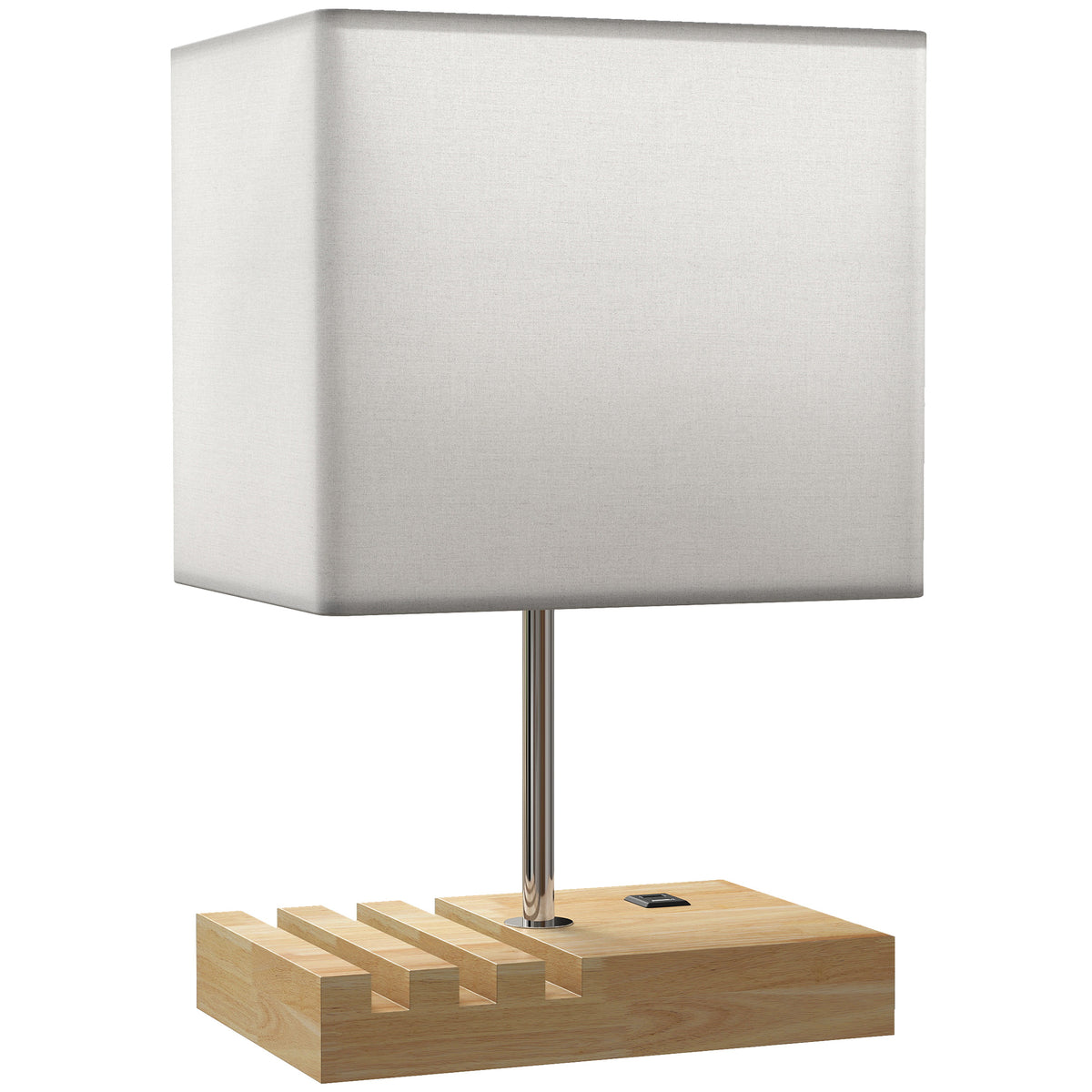 Lámpara de mesa con base de madera, pantalla blanca y puertos USB sobre fondo blanco