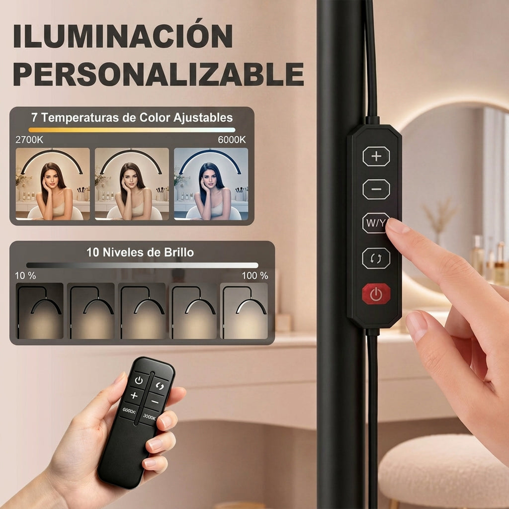Lámpara de pie LED negra con cabeza en media luna, vista 8