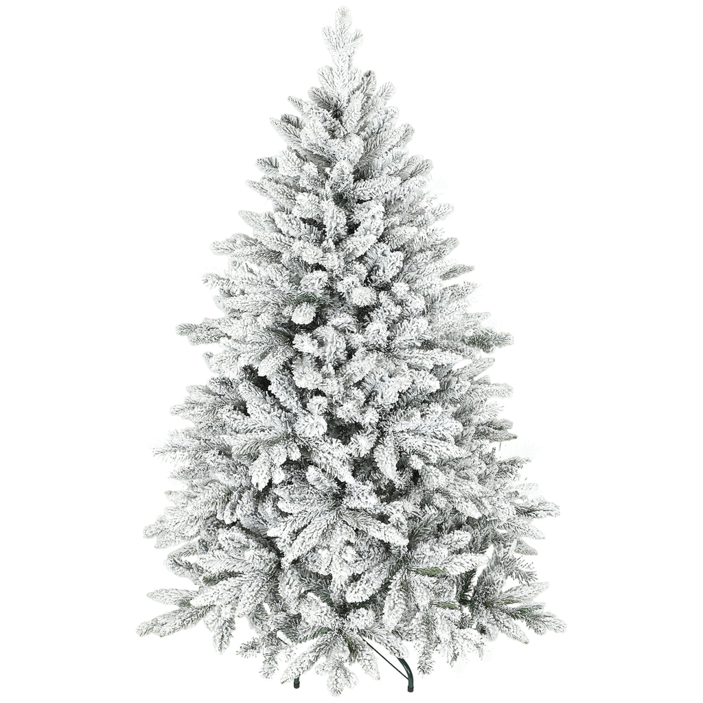 Árbol de Navidad nevado con base de metal, vista lateral