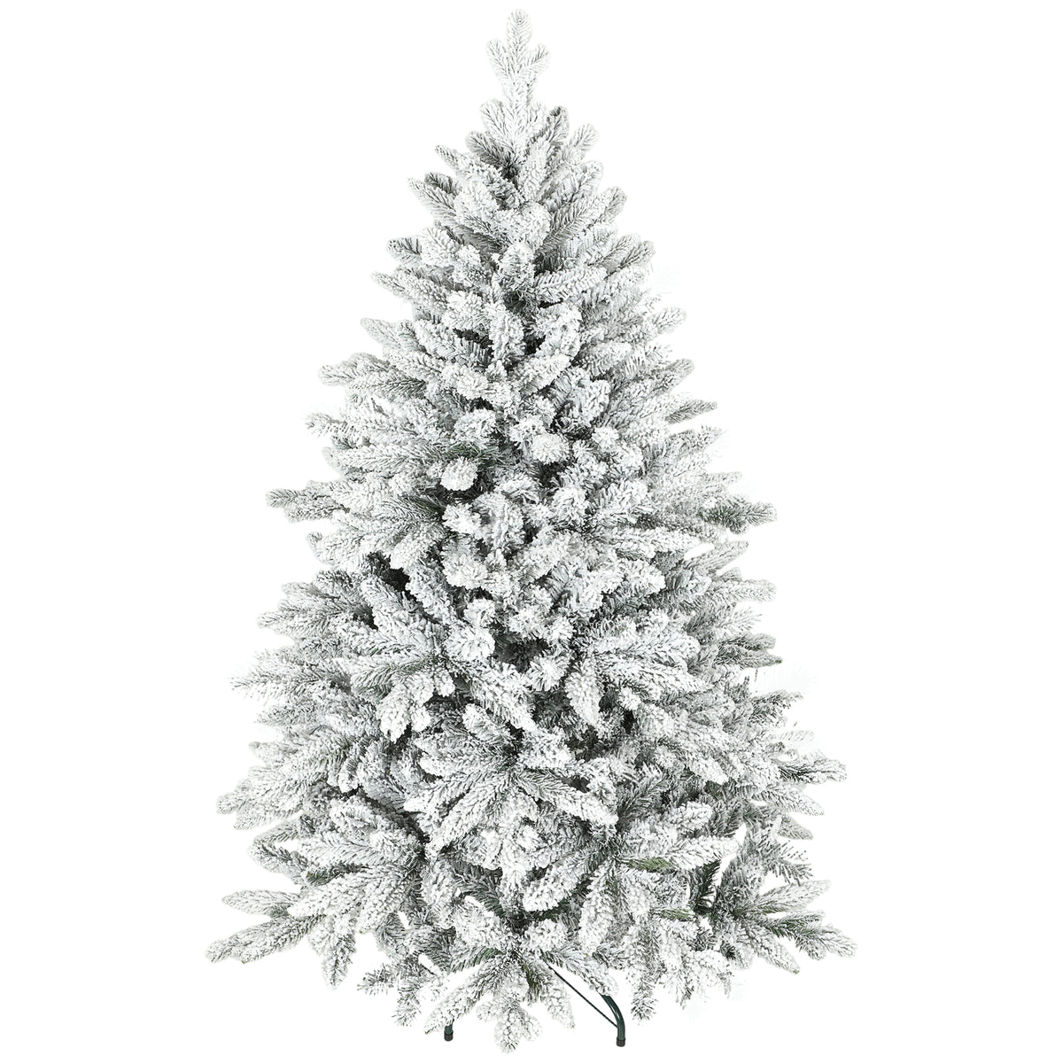 Árbol de Navidad nevado con base de metal, vista lateral