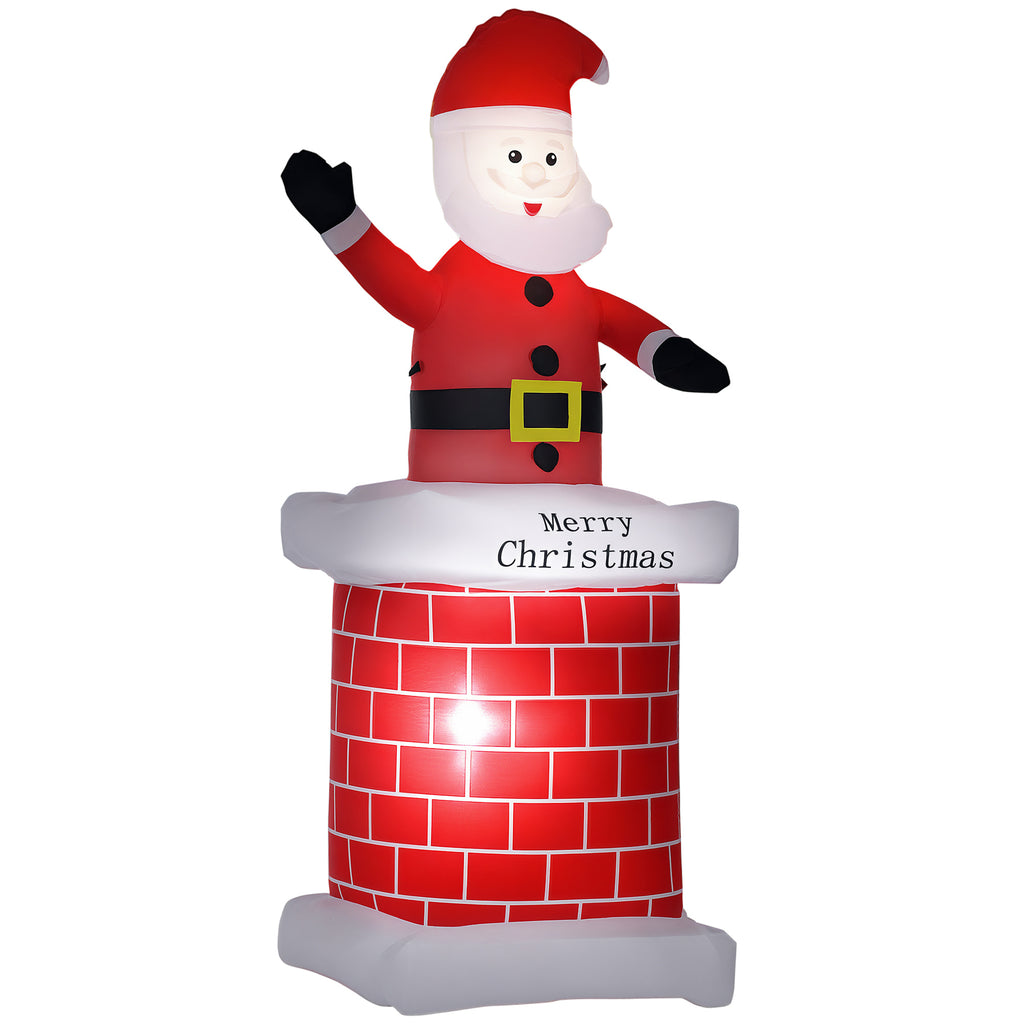 Papá Noel hinchable saliendo de una chimenea de ladrillo con luces LED, vista frontal sobre fondo blanco