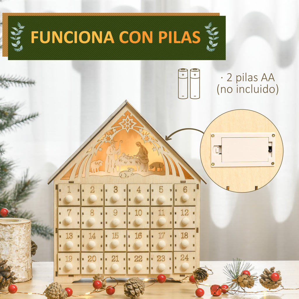 Calendario de Adviento que funciona con 2 pilas AA, no incluidas, sobre una mesa decorada