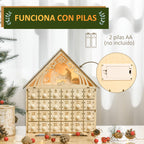 Calendario de Adviento que funciona con 2 pilas AA, no incluidas, sobre una mesa decorada