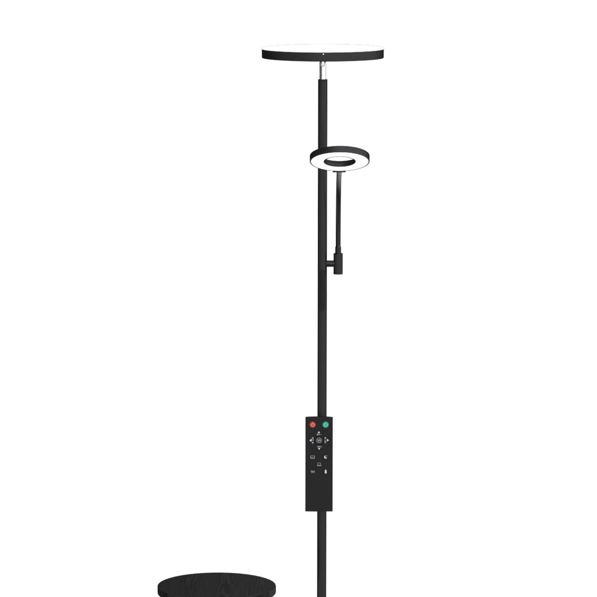 Detalle del cabezal de luz principal y del lector orientable de la lámpara de pie LED