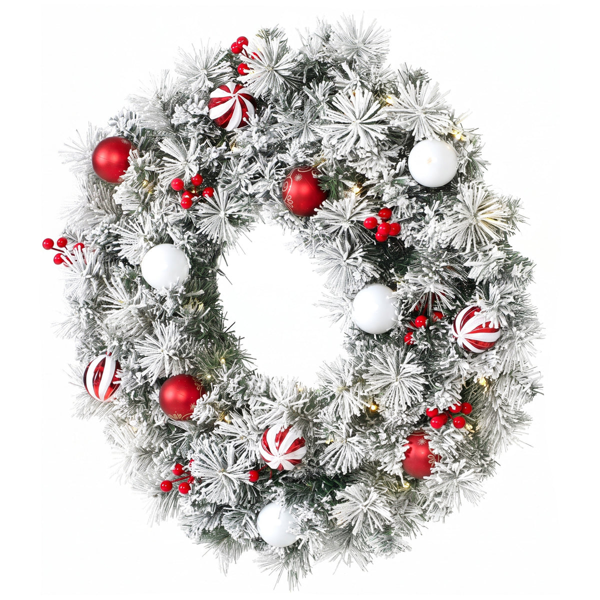 Corona de Navidad nevada de 60 cm con bolas y bayas, vista completa sobre fondo blanco