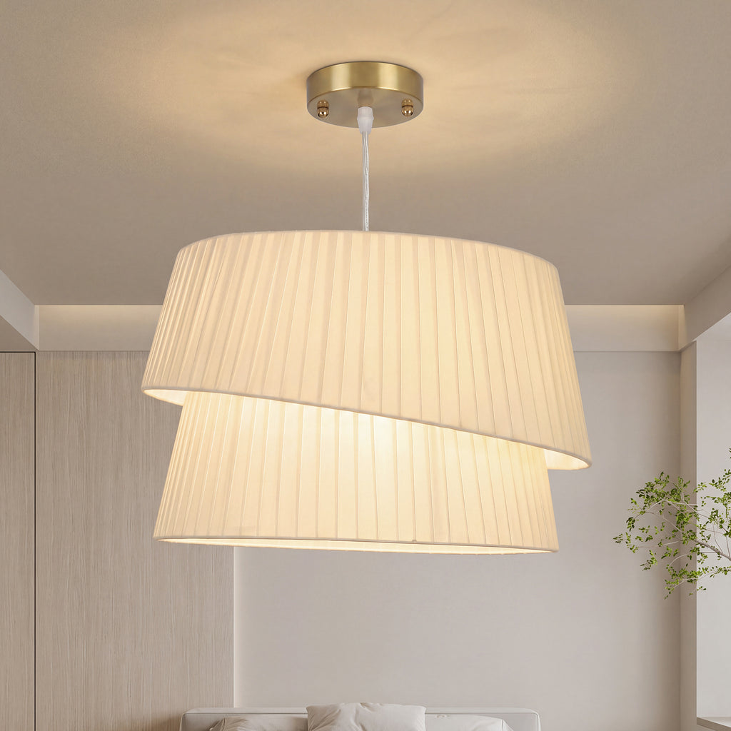 Lámpara colgante blanca con doble pantalla y base de techo dorada, vista 2