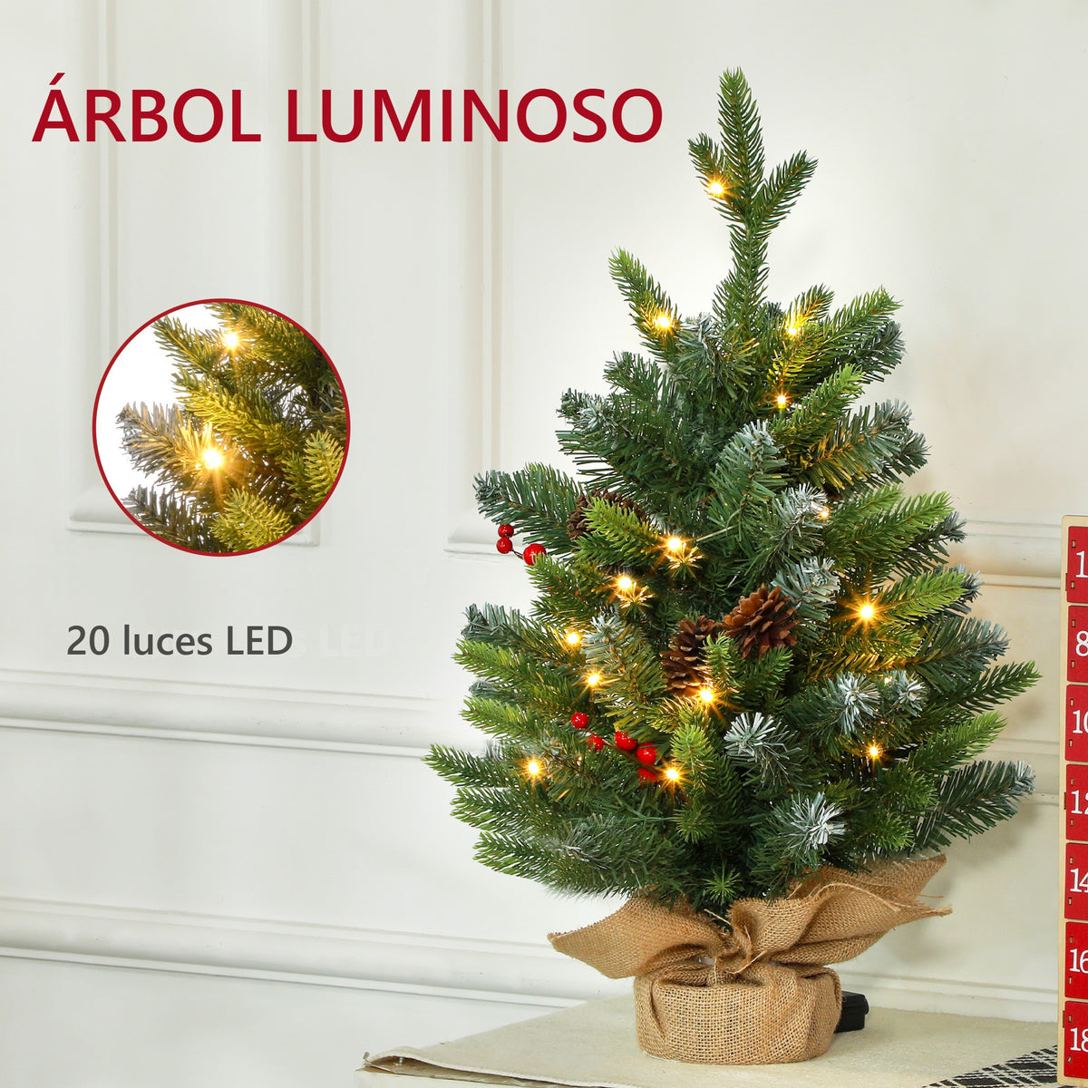 Árbol luminoso con 20 luces LED de luz blanca cálida