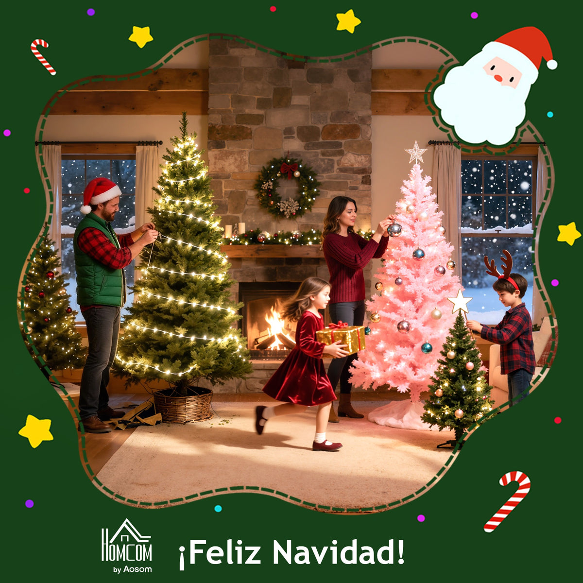 Familia decorando árboles de Navidad junto a la chimenea, con el mensaje Feliz Navidad