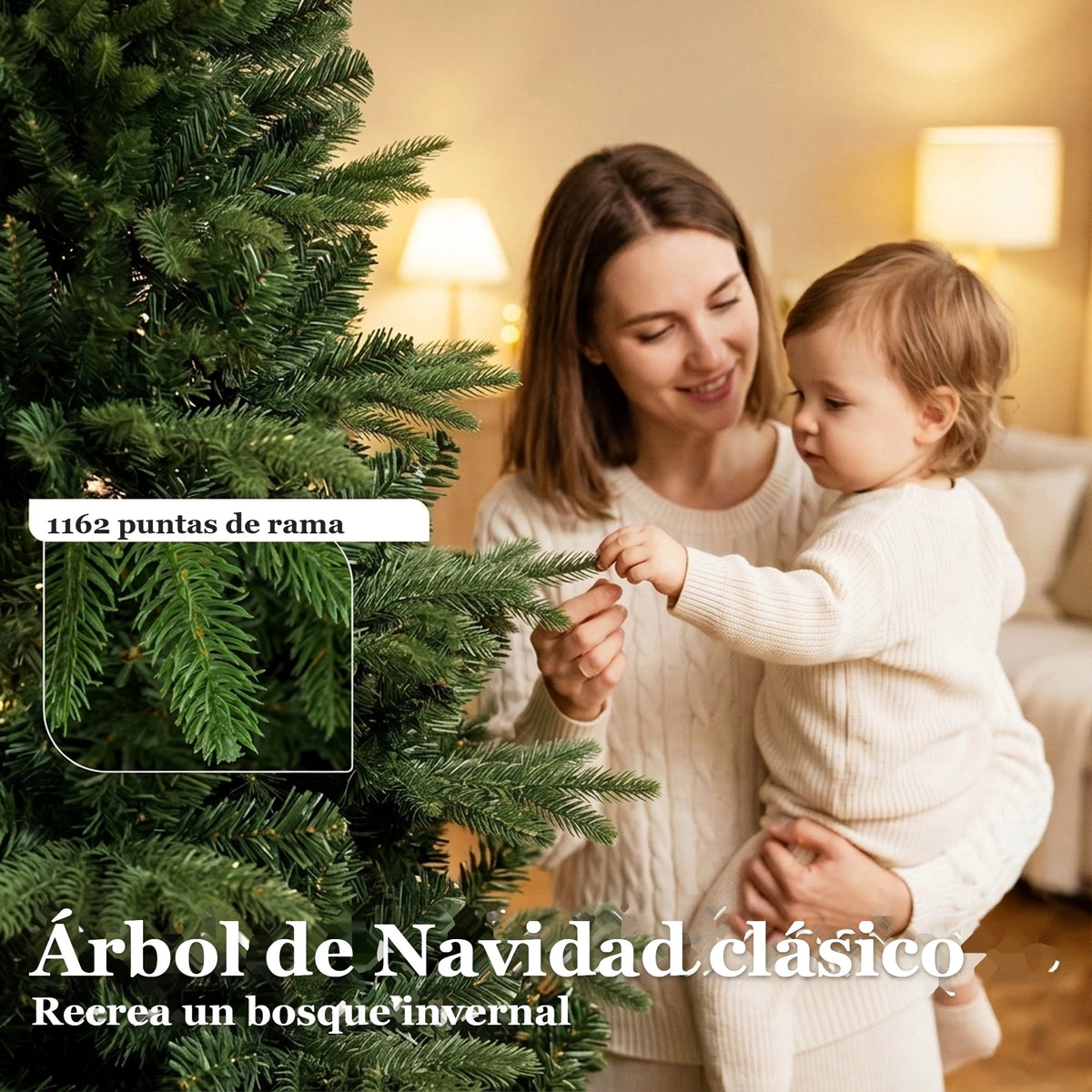 Detalle de las 1162 puntas de rama y árbol de Navidad clásico