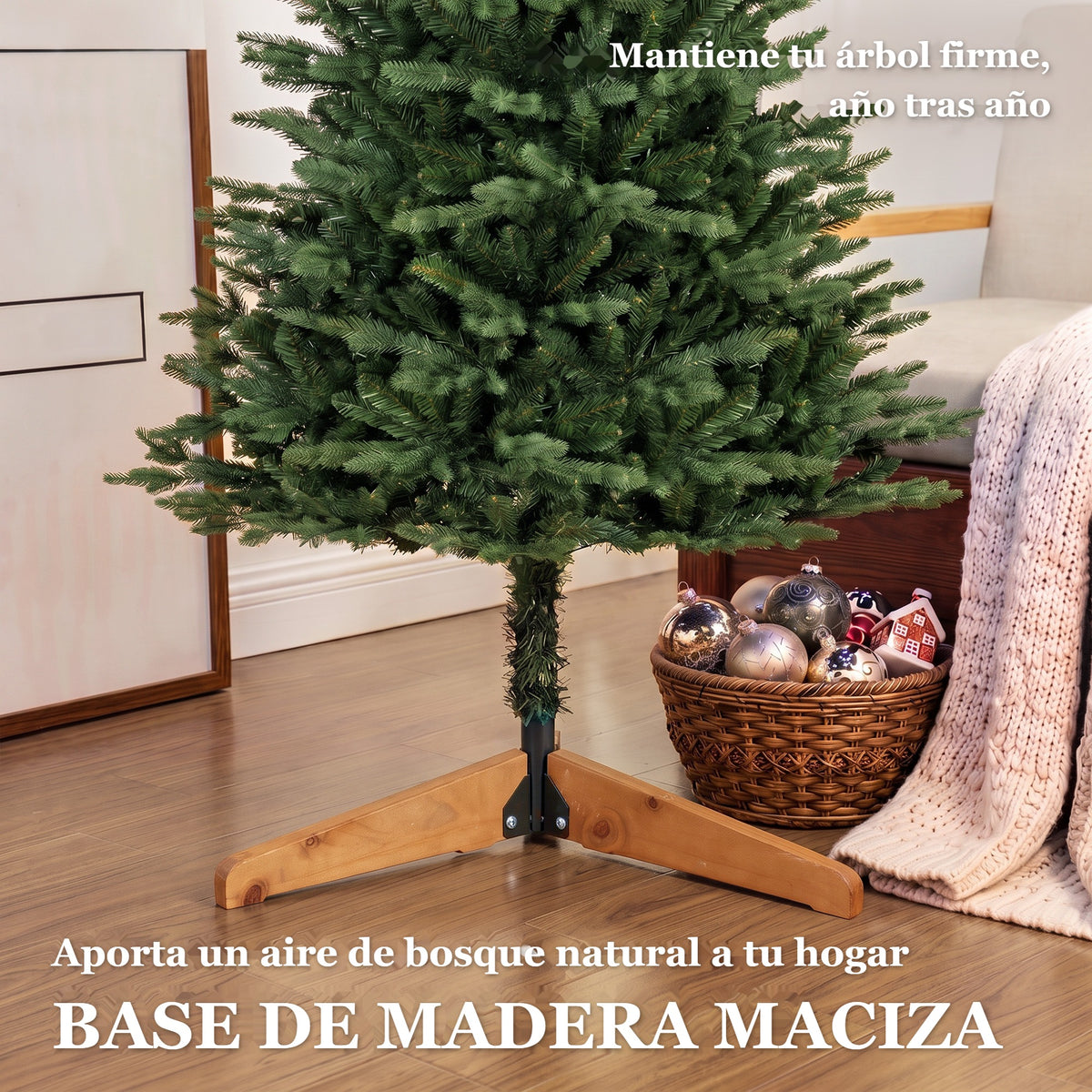 Base de madera maciza que mantiene el árbol firme