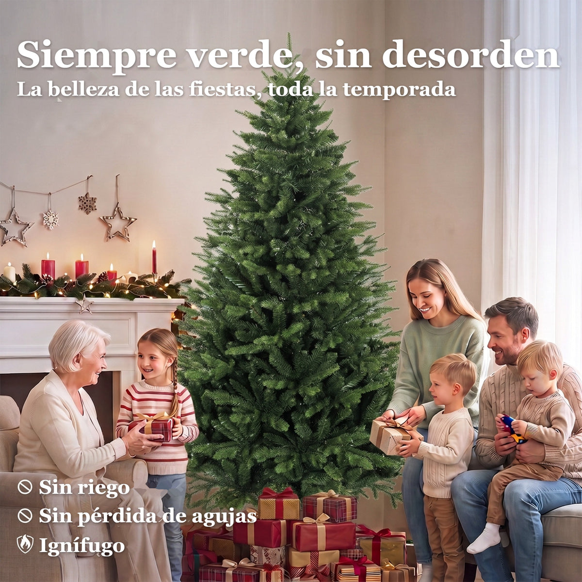 Familia reunida alrededor del árbol: siempre verde, sin desorden