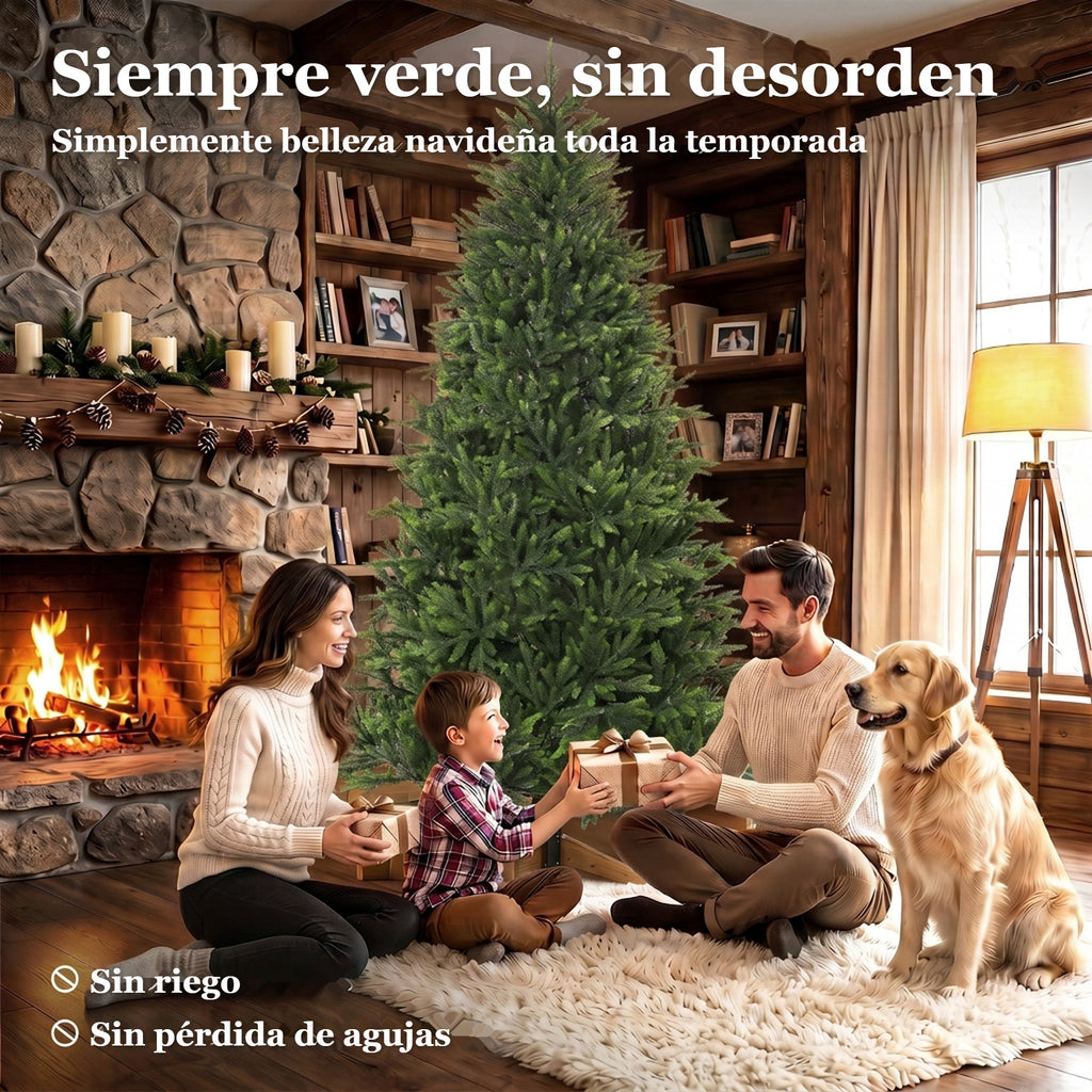 Familia con su perro abriendo regalos junto al árbol: siempre verde, sin desorden