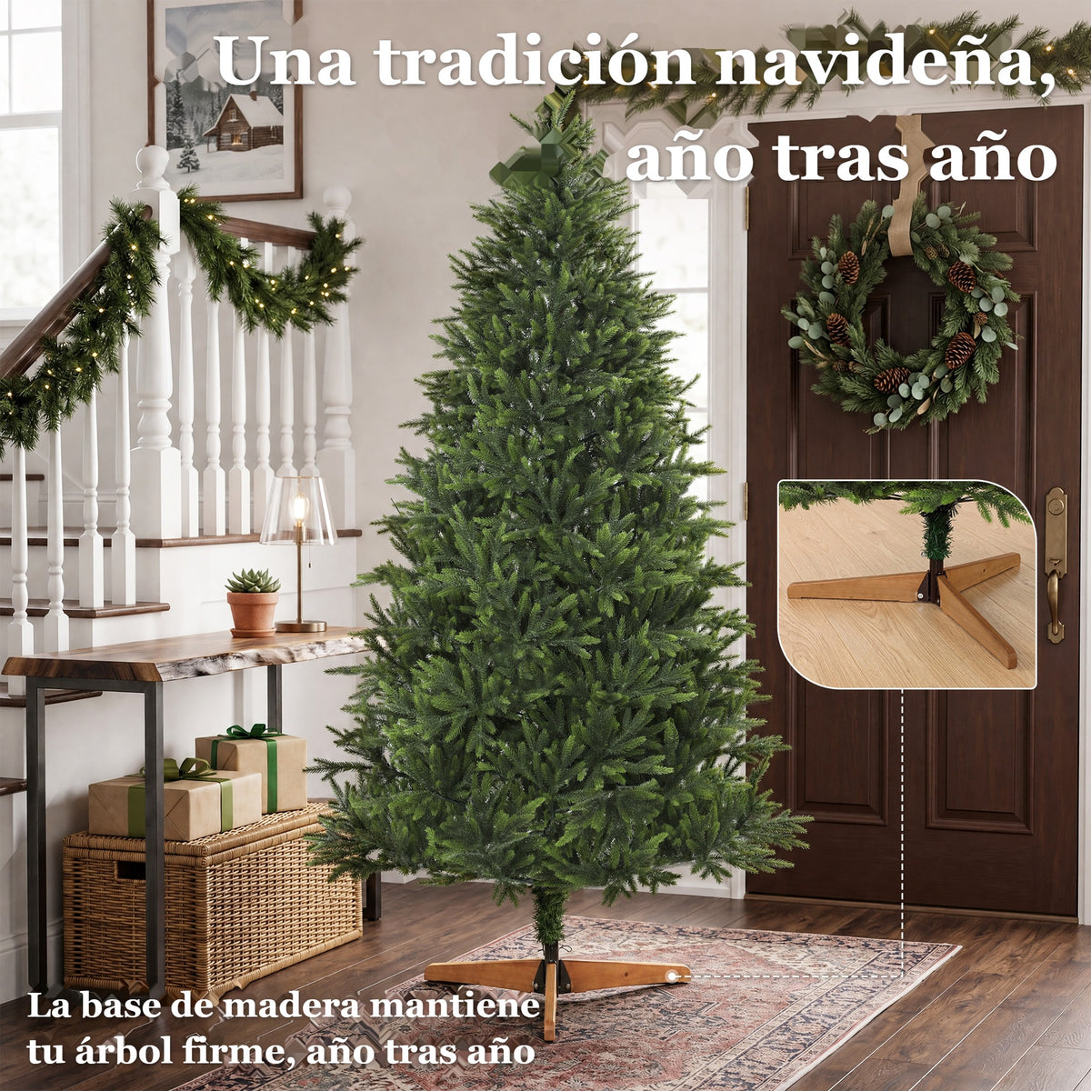Árbol en un recibidor con base de madera: una tradición navideña año tras año