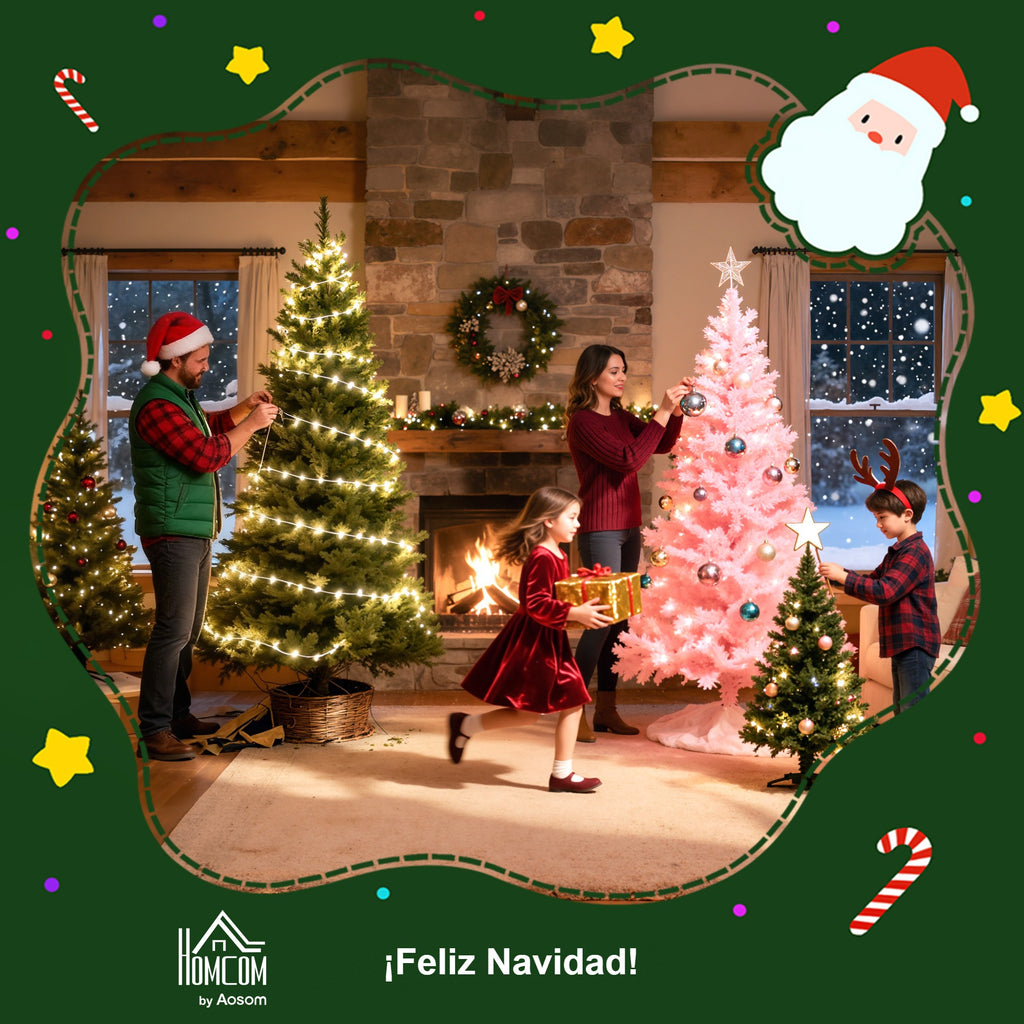 Feliz Navidad: familia decorando varios abetos de Navidad junto a una chimenea