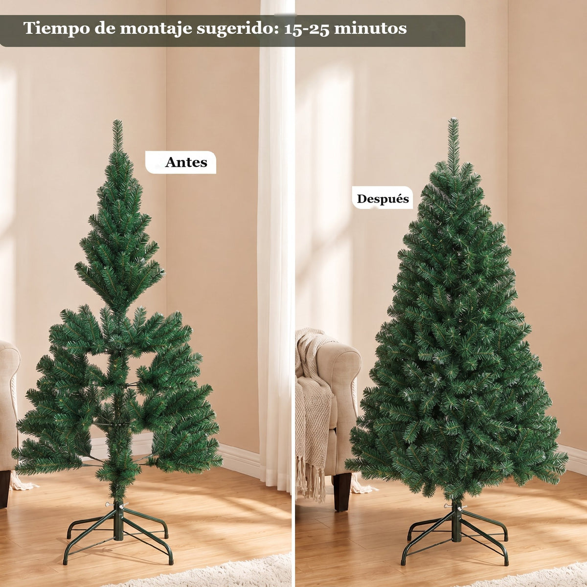 Tiempo de montaje sugerido de 15 a 25 minutos: abeto de Navidad antes y después de abrir las ramas