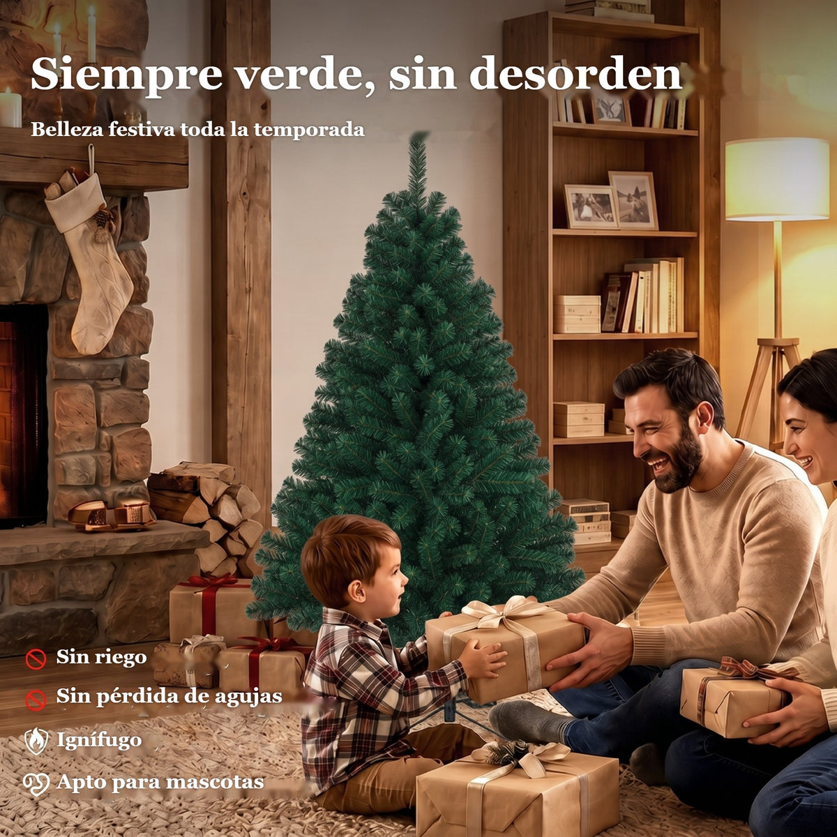 Siempre verde, sin desorden: abeto de Navidad junto a una chimenea y una familia con regalos
