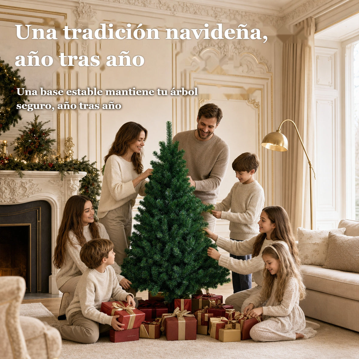 Una tradición navideña año tras año: familia decorando el abeto de Navidad con una base estable