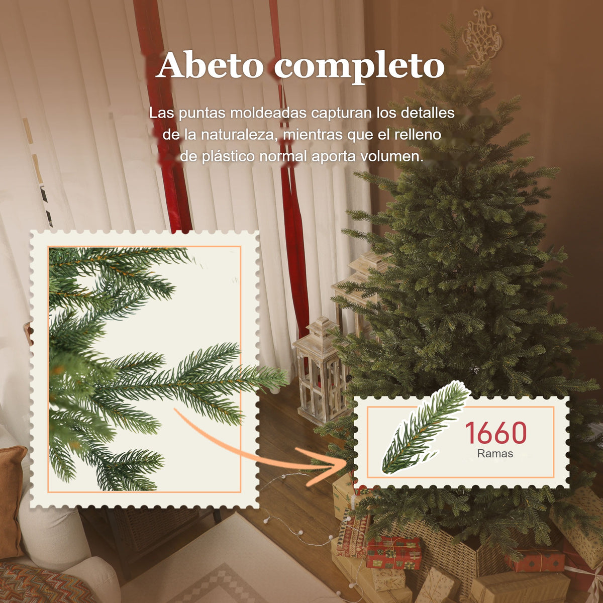 Abeto completo: detalle de las puntas moldeadas y de las 1660 ramas del abeto de Navidad