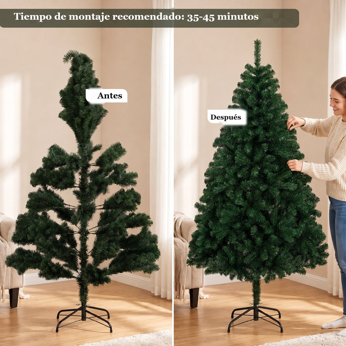 Tiempo de montaje recomendado de 35 a 45 minutos: abeto de Navidad antes y después de abrir las ramas