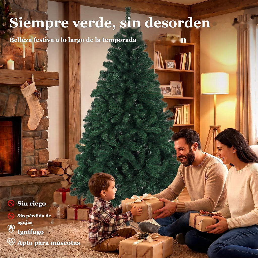 Siempre verde, sin desorden: abeto de Navidad junto a una chimenea y una familia con regalos