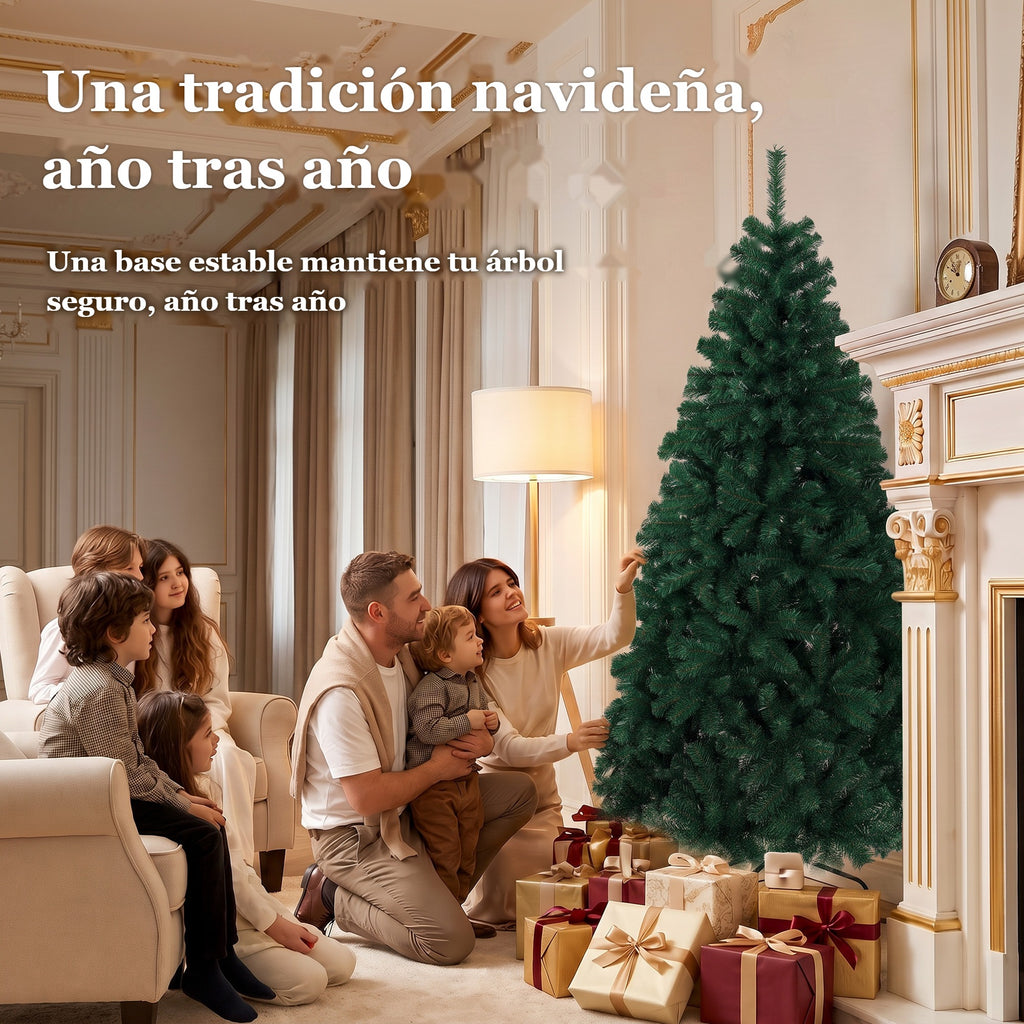 Una tradición navideña año tras año: familia con el abeto de Navidad y una base estable