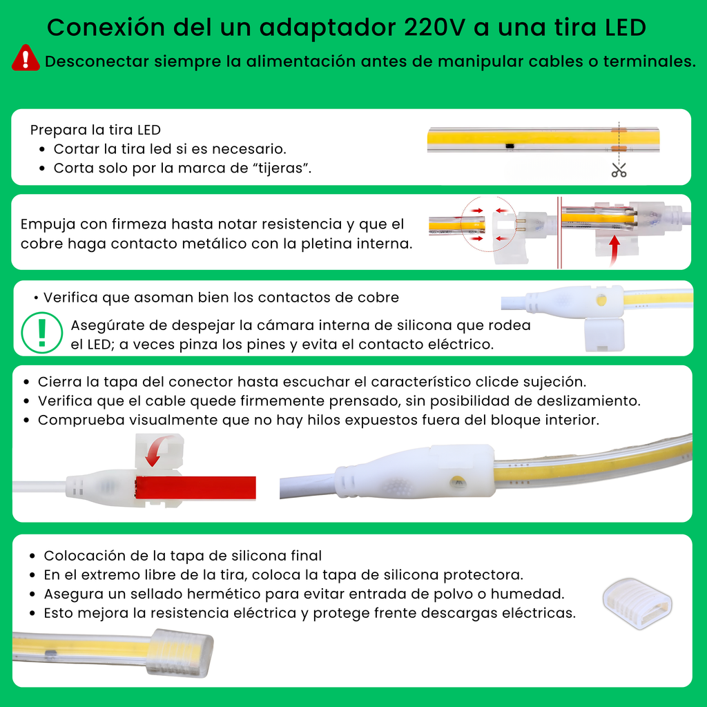 Conector de 2 pines del adaptador de conexión 220V para tira LED, encajado en la tira