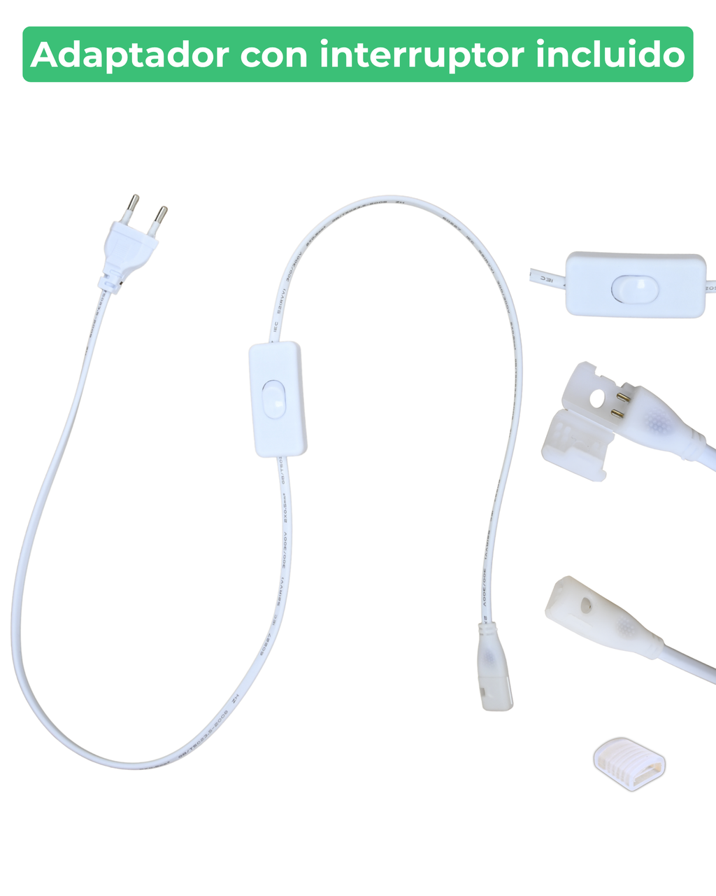 Adaptador con enchufe e interruptor incluido con la tira LED COB ALUMAR, con sus conectores