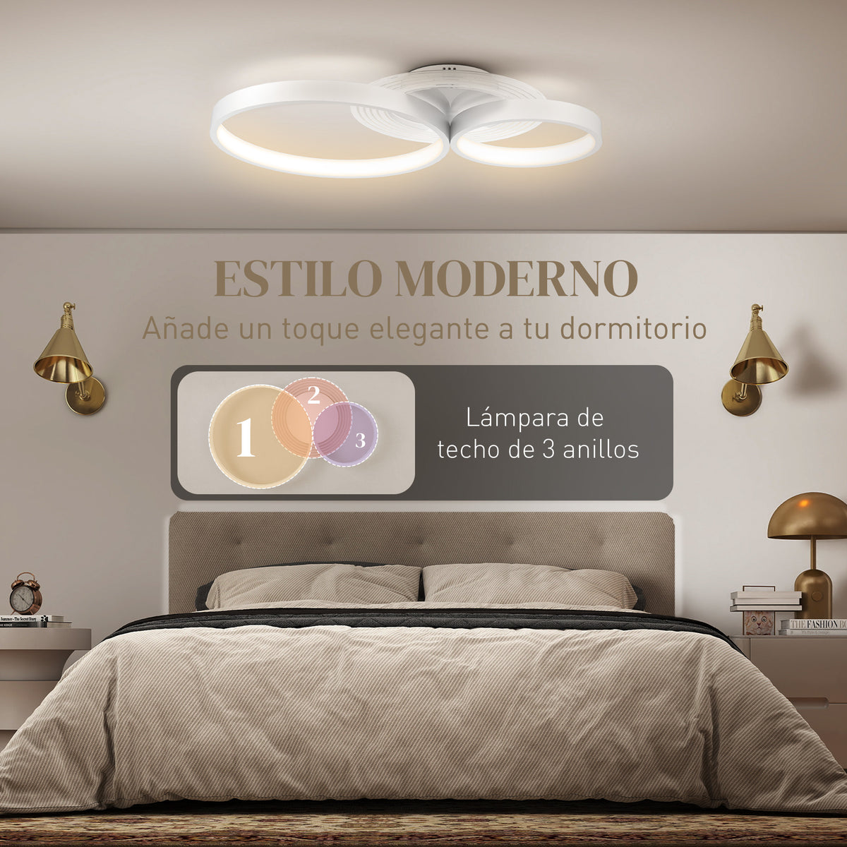 Plafón LED de tres aros de estilo moderno en un dormitorio