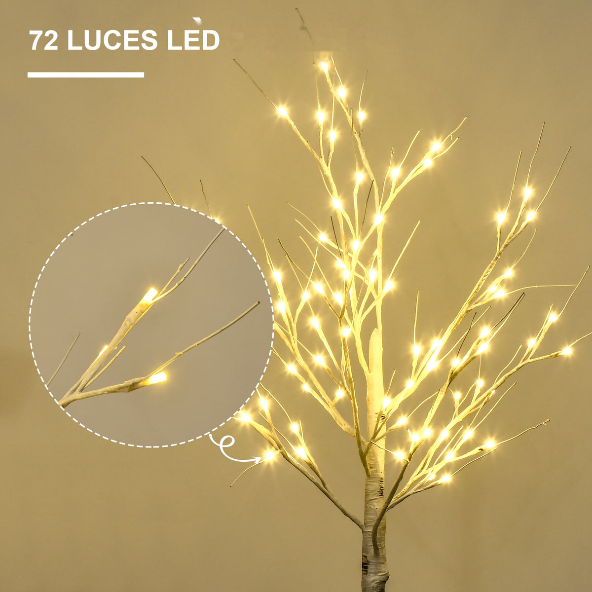 72 luces LED: detalle de las luces del árbol de abedul y de una rama iluminada