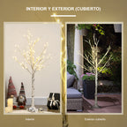 Interior y exterior cubierto: el árbol de abedul luminoso en un salón y en una terraza cubierta
