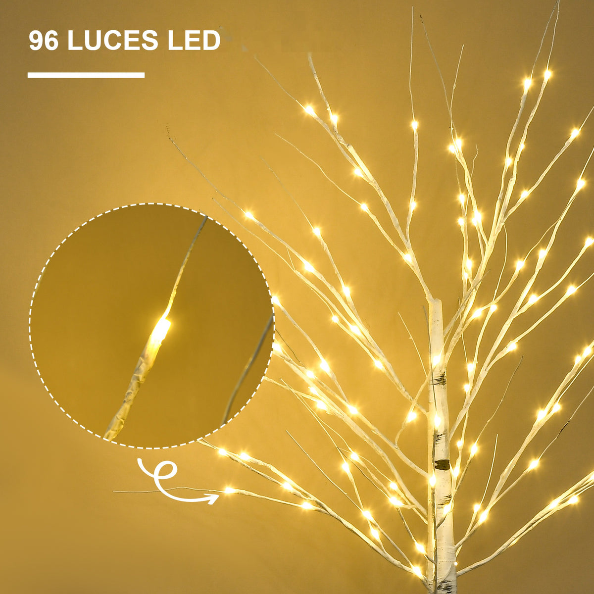 96 luces LED: detalle de las luces del árbol de abedul y de una rama iluminada
