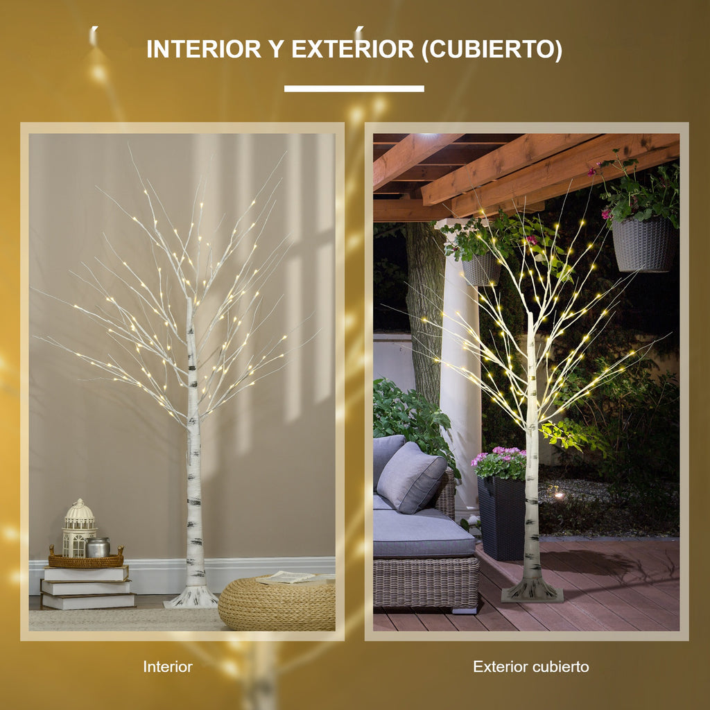 Interior y exterior cubierto: el árbol de abedul luminoso en un salón y en una terraza cubierta