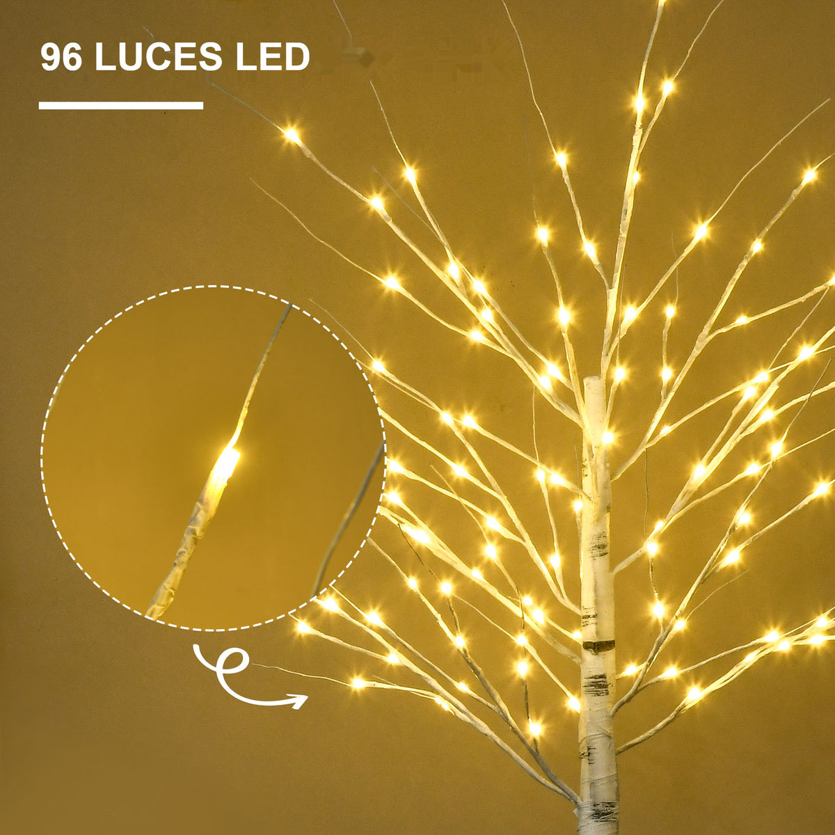 96 luces LED: detalle de las luces del árbol de abedul y de una rama iluminada