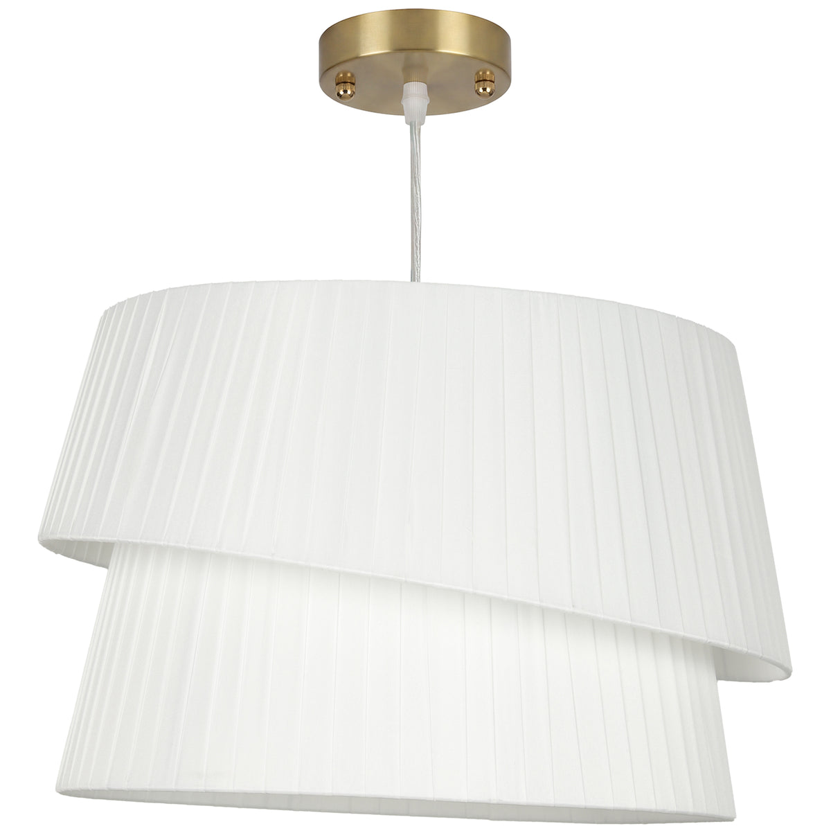 Lámpara colgante blanca con doble pantalla de tela y base de techo dorada