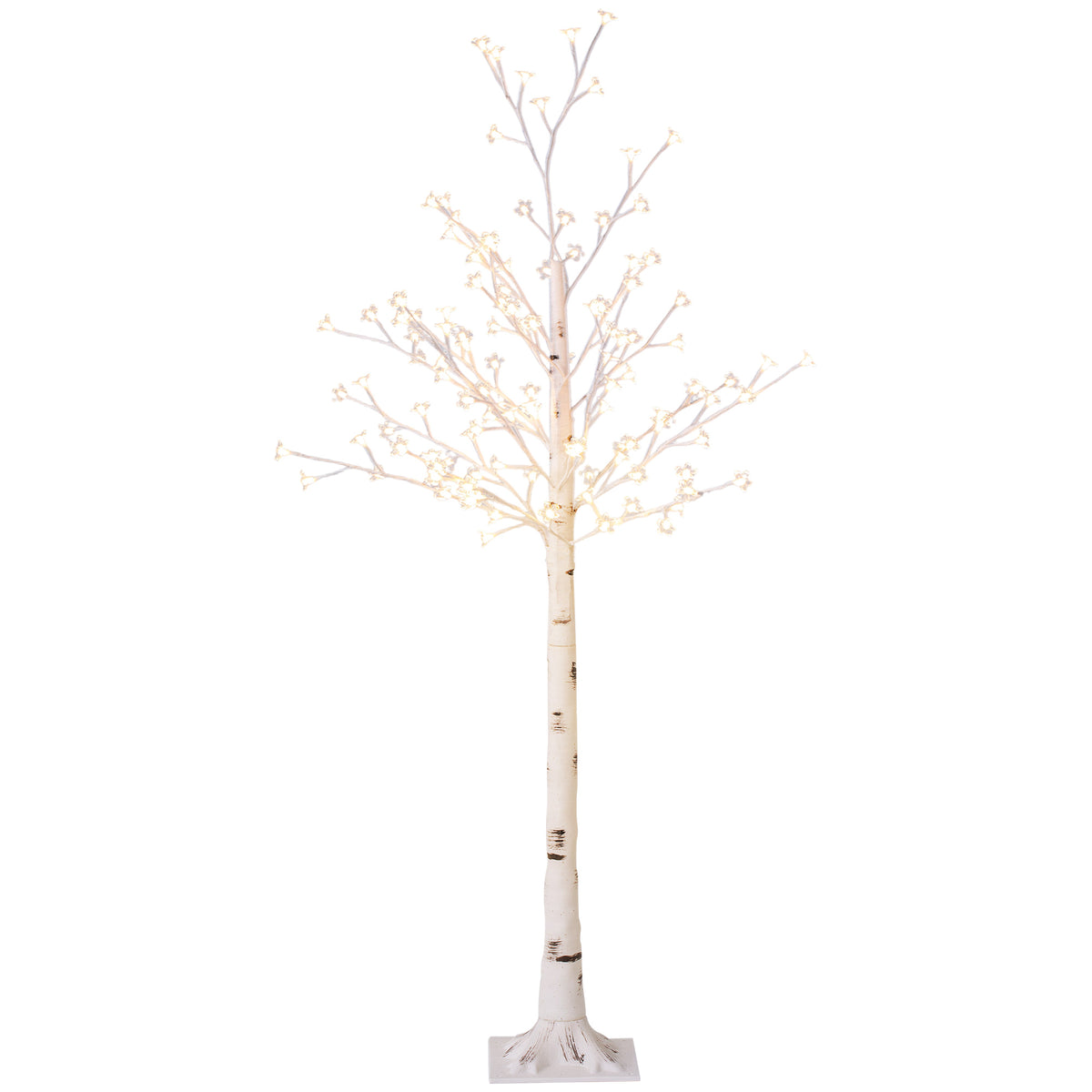 Árbol de abedul artificial blanco de 150 cm con 120 luces LED sobre fondo blanco
