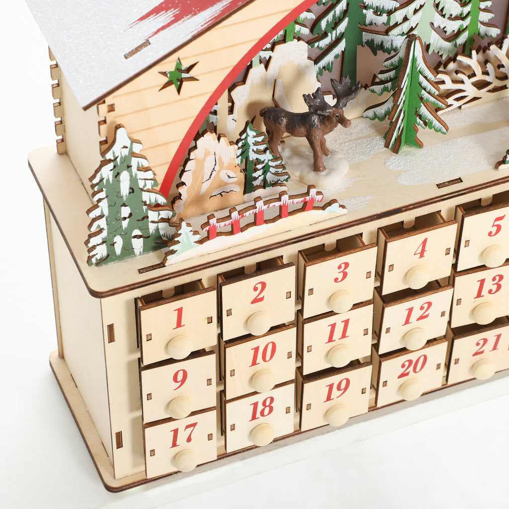 Calendario de Adviento de madera visto en perspectiva con los cajones numerados