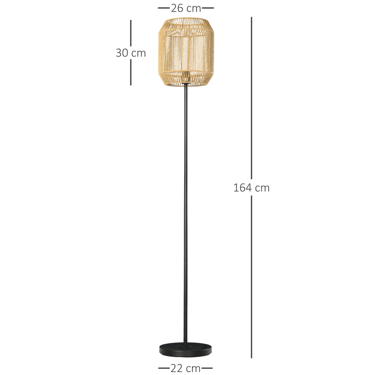 Medidas de la lámpara de pie: 164 cm de alto, pantalla de 26 por 30 cm y base de 22 cm