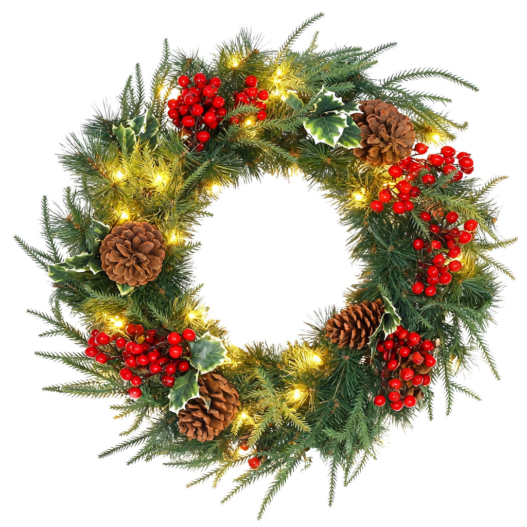 Corona de Navidad de 60 cm con bayas, piñas y hojas de acebo, vista completa sobre fondo blanco
