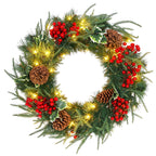 Corona de Navidad de 60 cm con bayas, piñas y hojas de acebo, vista completa sobre fondo blanco
