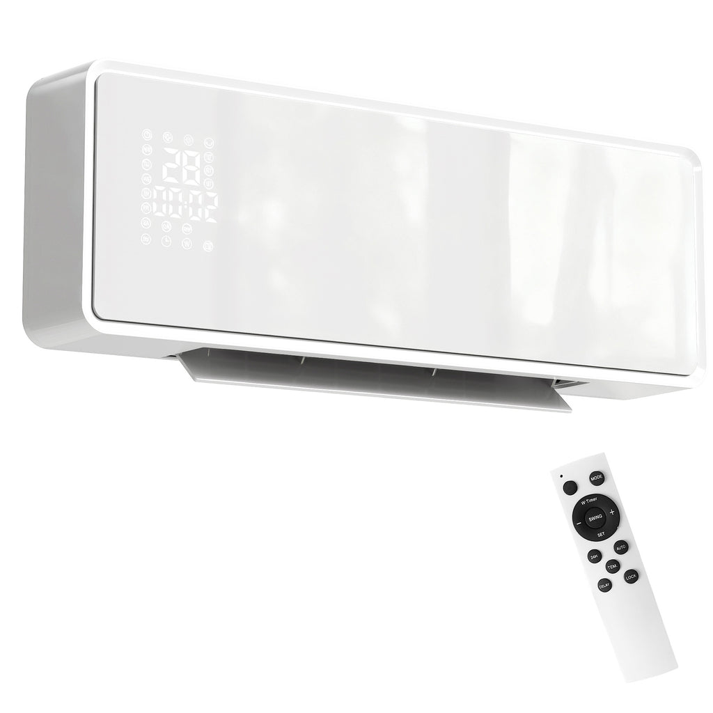 Calefactor eléctrico de pared blanco con panel de vidrio sobre fondo blanco