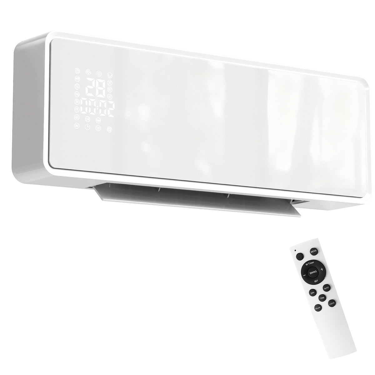 Calefactor eléctrico de pared blanco con panel de vidrio sobre fondo blanco