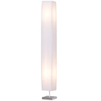 Lámpara de pie de columna con pantalla de tela blanca sobre base de acero, vista frontal