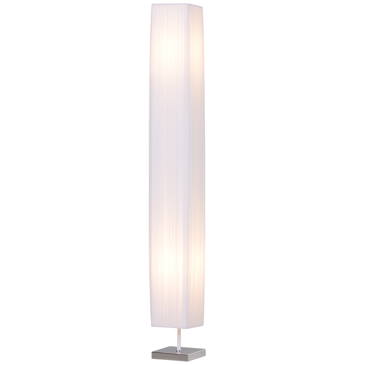 Lámpara de pie de columna con pantalla de tela blanca sobre base de acero, vista frontal