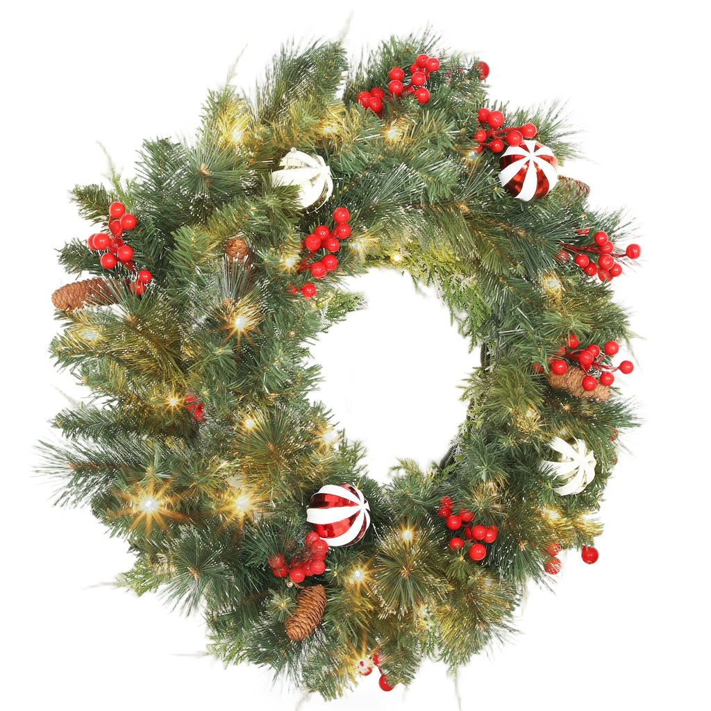 Corona de Navidad de 60 cm con bolas decorativas y bayas rojas, vista completa sobre fondo blanco