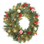 Corona de Navidad de 60 cm con bolas decorativas y bayas rojas, vista completa sobre fondo blanco