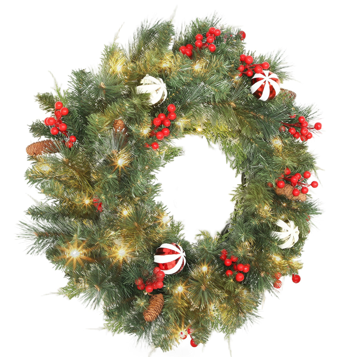 Corona de Navidad de 60 cm con bolas decorativas y bayas rojas, vista completa sobre fondo blanco